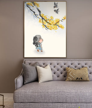 Charming illustration of a child gazing at birds and yellow blossoms