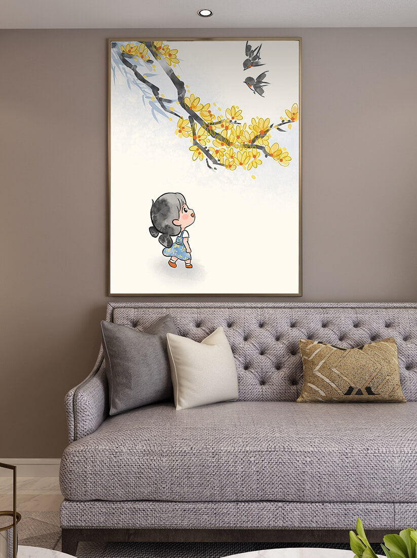 Charming illustration of a child gazing at birds and yellow blossoms