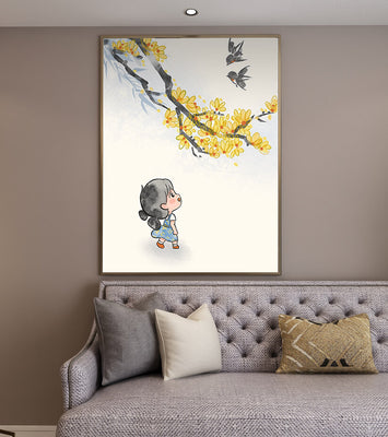 Charming illustration of a child gazing at birds and yellow blossoms