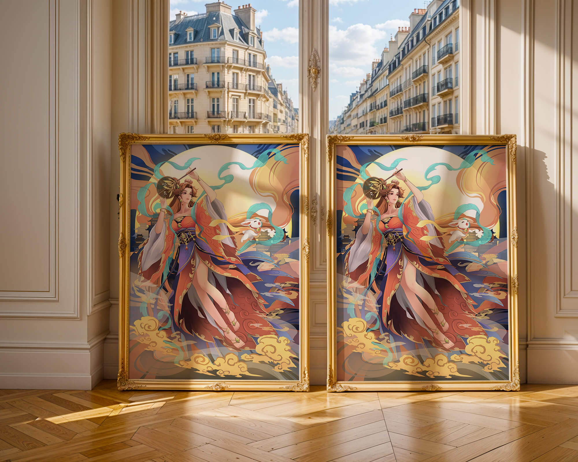 Elegant goddess with flowing robes against a mystical backdrop