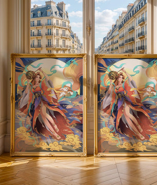 Elegant goddess with flowing robes against a mystical backdrop