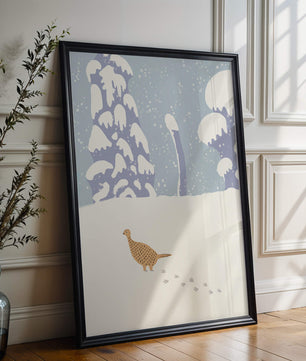 Winter landscape with pheasant walking through snowy forest
