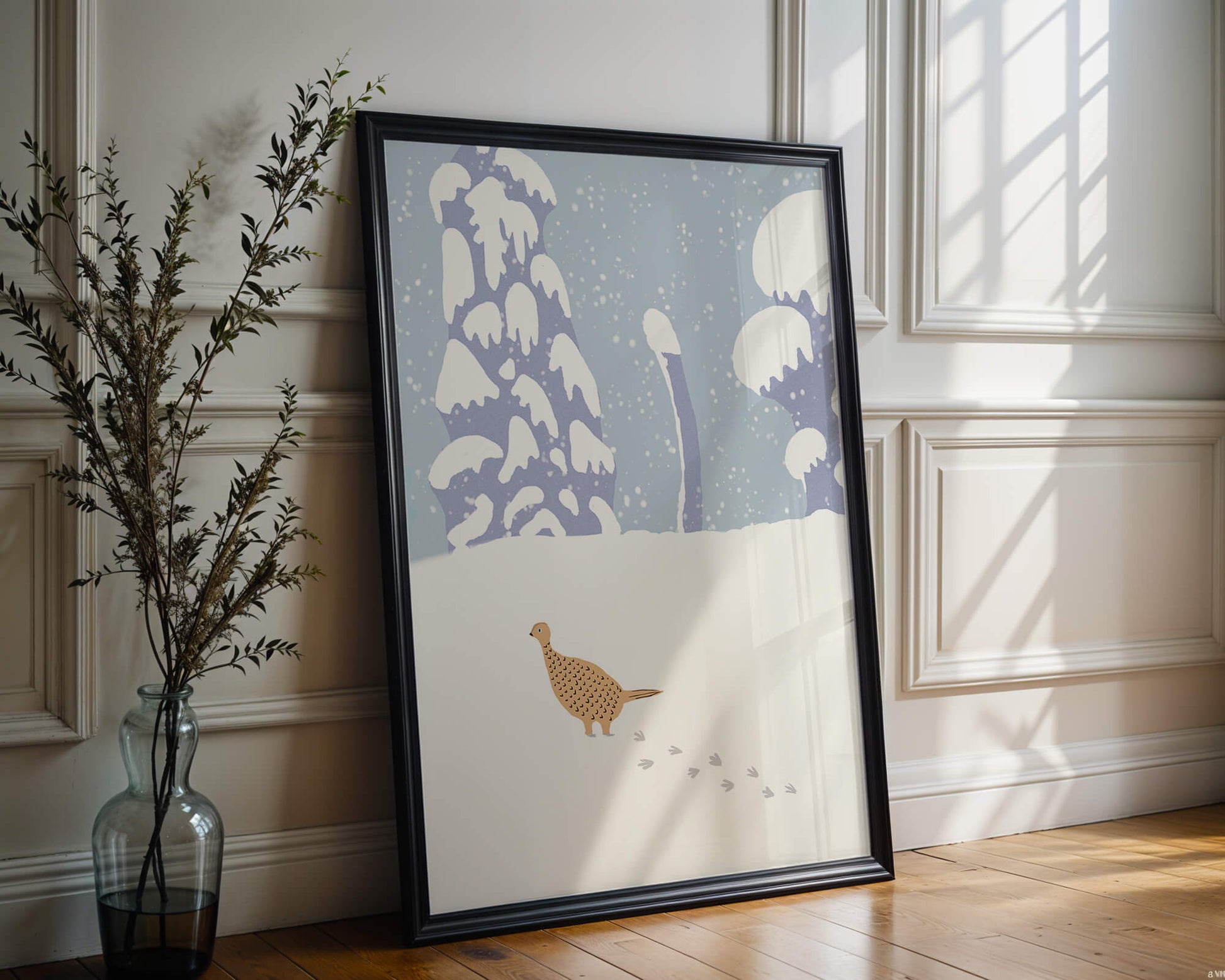 Winter landscape with pheasant walking through snowy forest