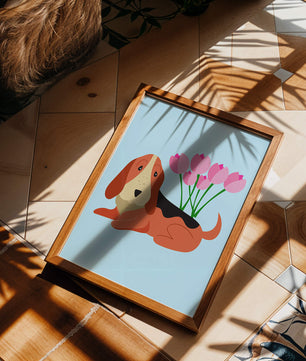 Illustration eines Basset Hound mit rosa Blumen auf hellblauem Hintergrund
