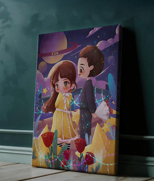 Ilustración de pareja romántica con estrellas y rosas en un entorno nocturno mágico