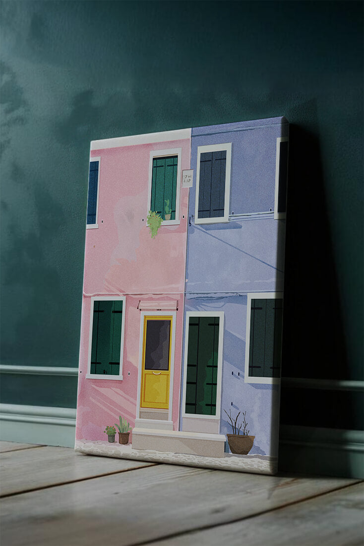 Charming pastel houses with colorful doors and windows
