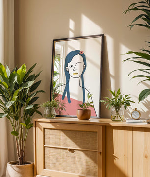 Abstract Portrait with Blue Hair and Floral Accent - Mi tienda