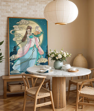 Traditional Asian-inspired artwork featuring a woman and rabbit under a moonlit sky