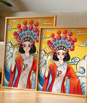 Eine elegante Darstellung asiatischer Kunst mit traditioneller Kleidung und kunstvollem Kopfschmuck