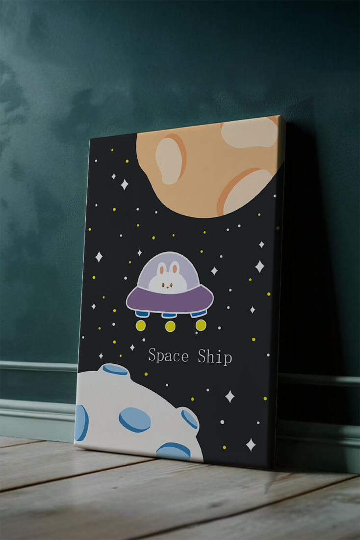 Cute bunny in spaceship with planets and stars in space illustration