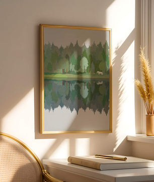 Forest landscape with a white horse and reflection in a tranquil pond