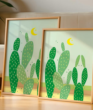 Desert cactus illustration with crescent moon