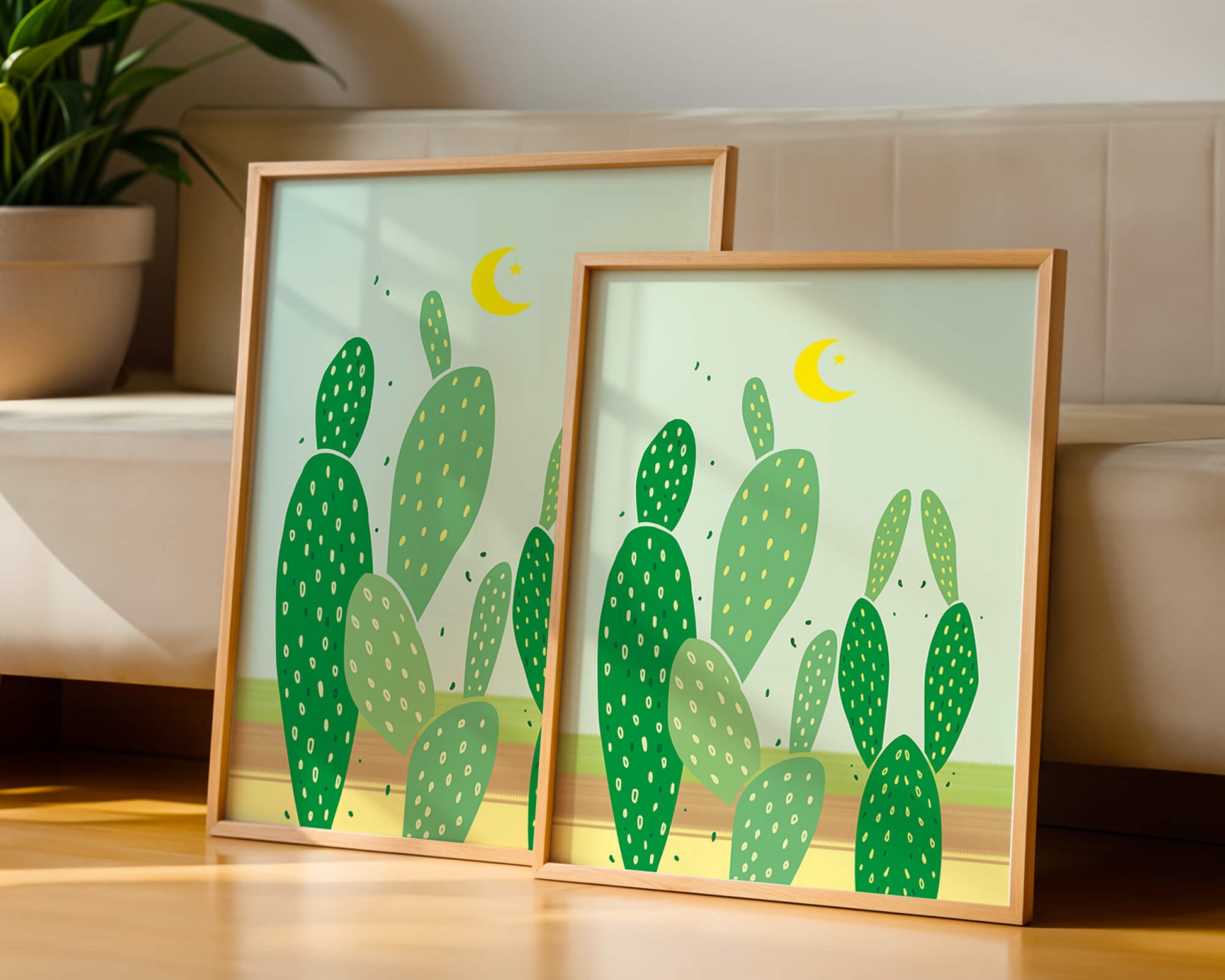 Desert cactus illustration with crescent moon