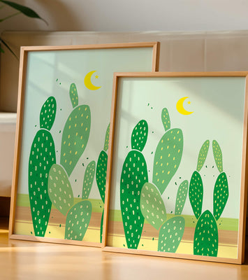 Desert cactus illustration with crescent moon