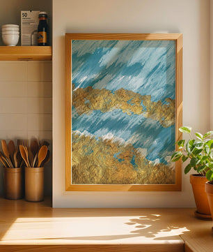 Pintura abstracta con textura dorada y fondo azul