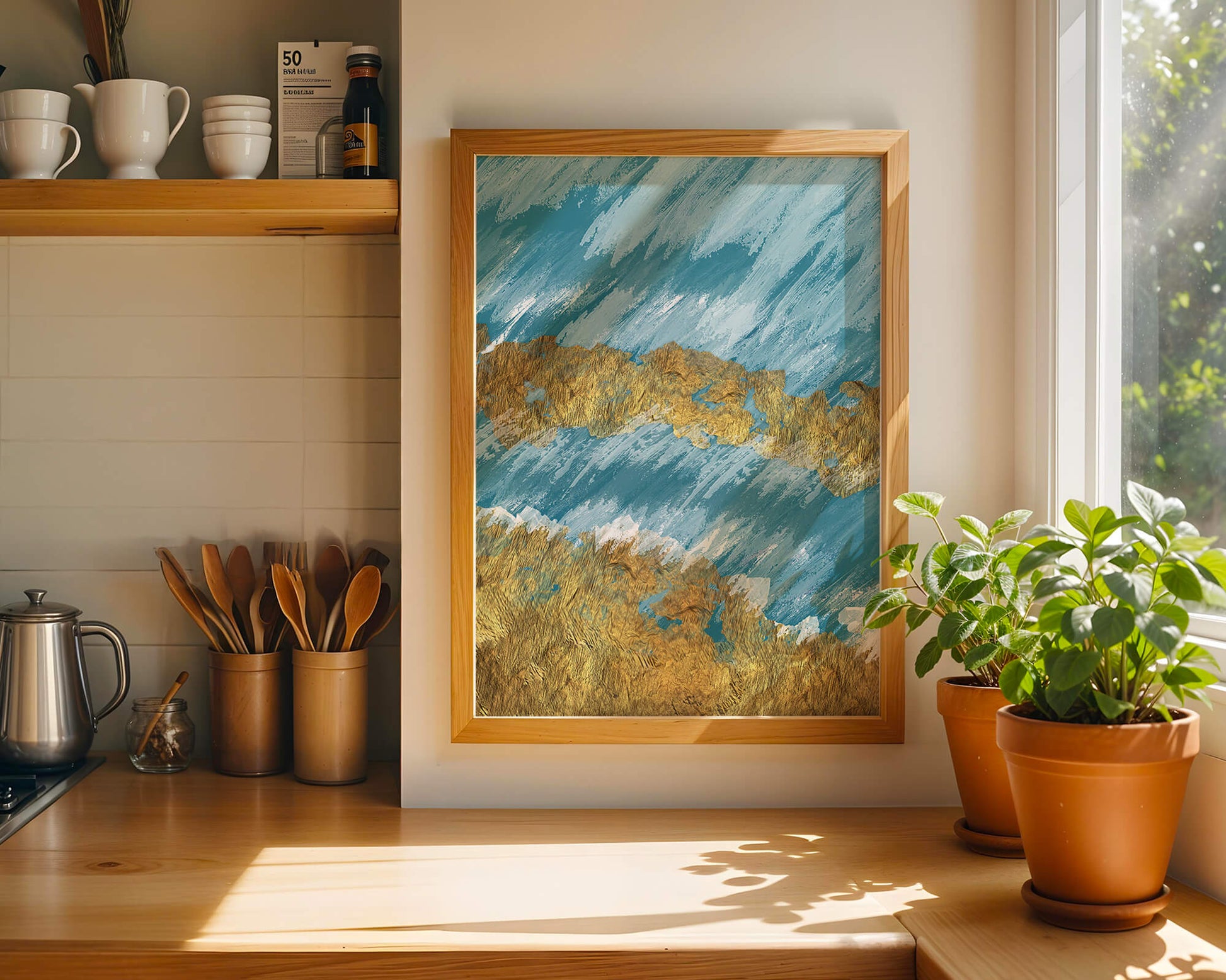 Abstract painting with gold texture and blue background