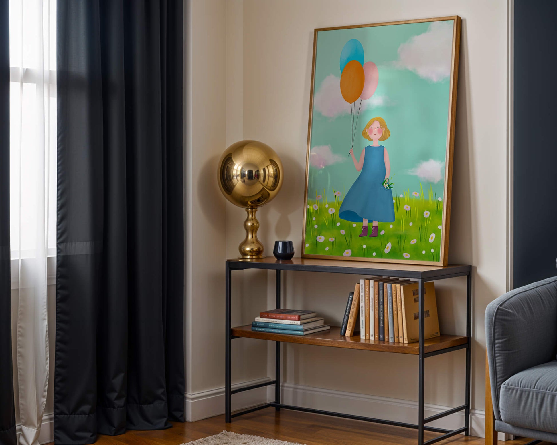 Girl with balloons in a field of daisies under a blue sky
