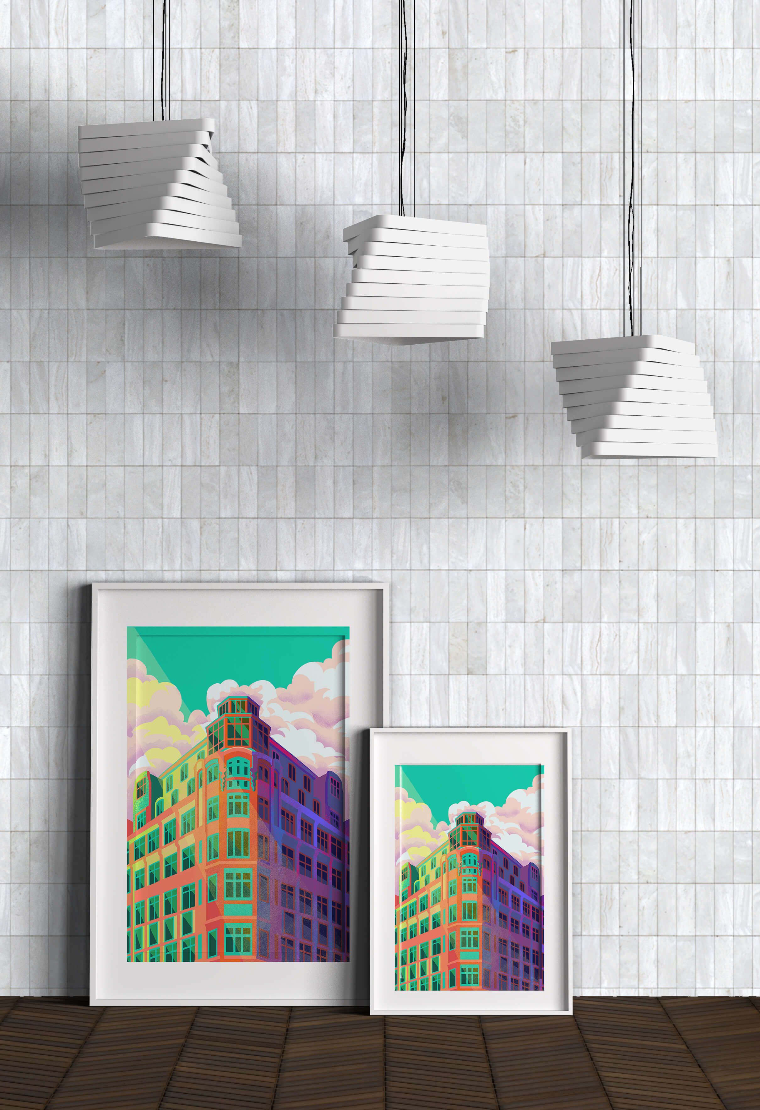 Colorful geometric building with vibrant sky