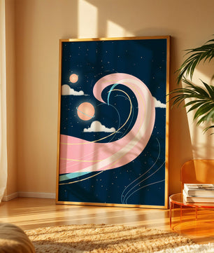 Cosmic Waves and Planets with Whimsical Pink Swirls and Stars - Mi tienda
