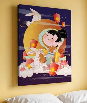 Illustration de déesse de la lune avec des lapins et des lanternes sur fond de mi-automne