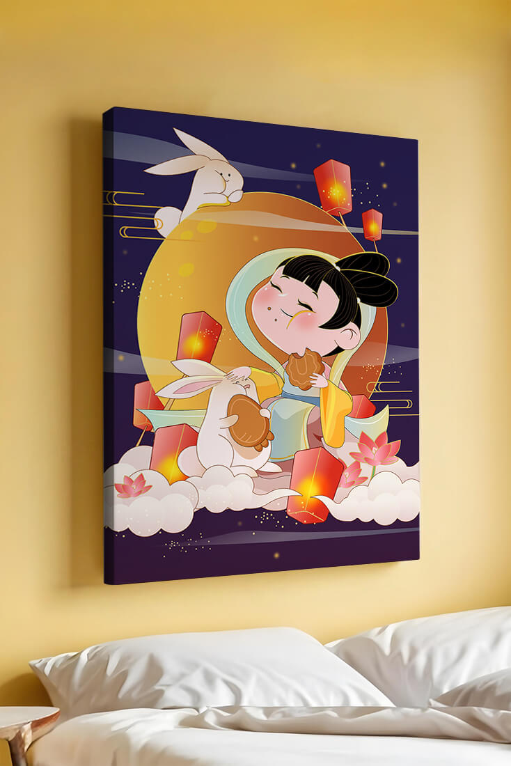 Illustration de déesse de la lune avec des lapins et des lanternes sur fond de mi-automne