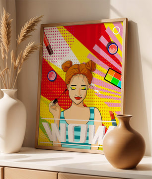 Ilustración de arte pop vibrante con una niña sonriente con maquillaje colorido y patrones audaces