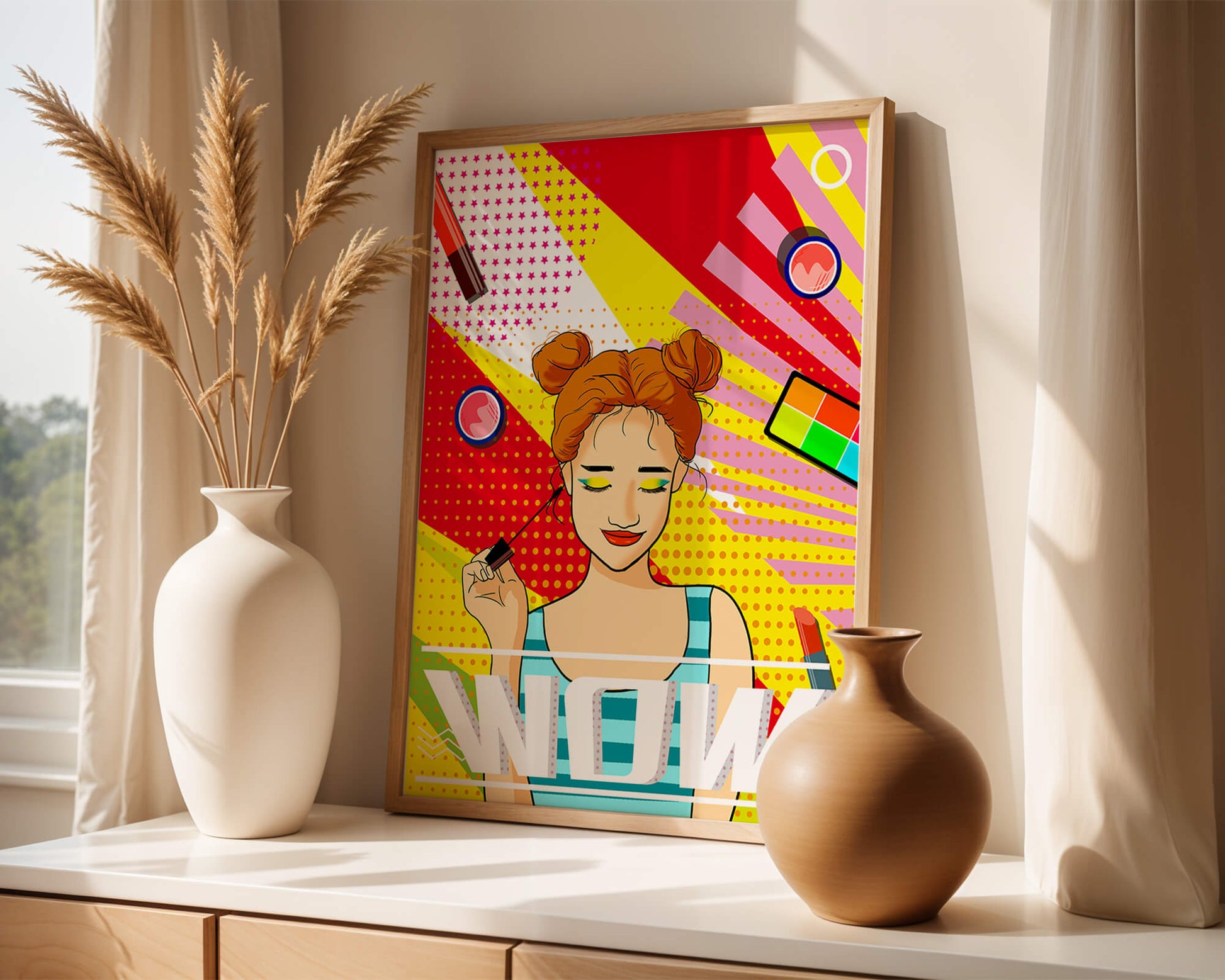 Ilustración de arte pop vibrante con una niña sonriente con maquillaje colorido y patrones audaces