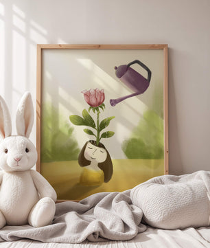 Ilustración de una chica con una flor creciendo de su cabeza siendo regada