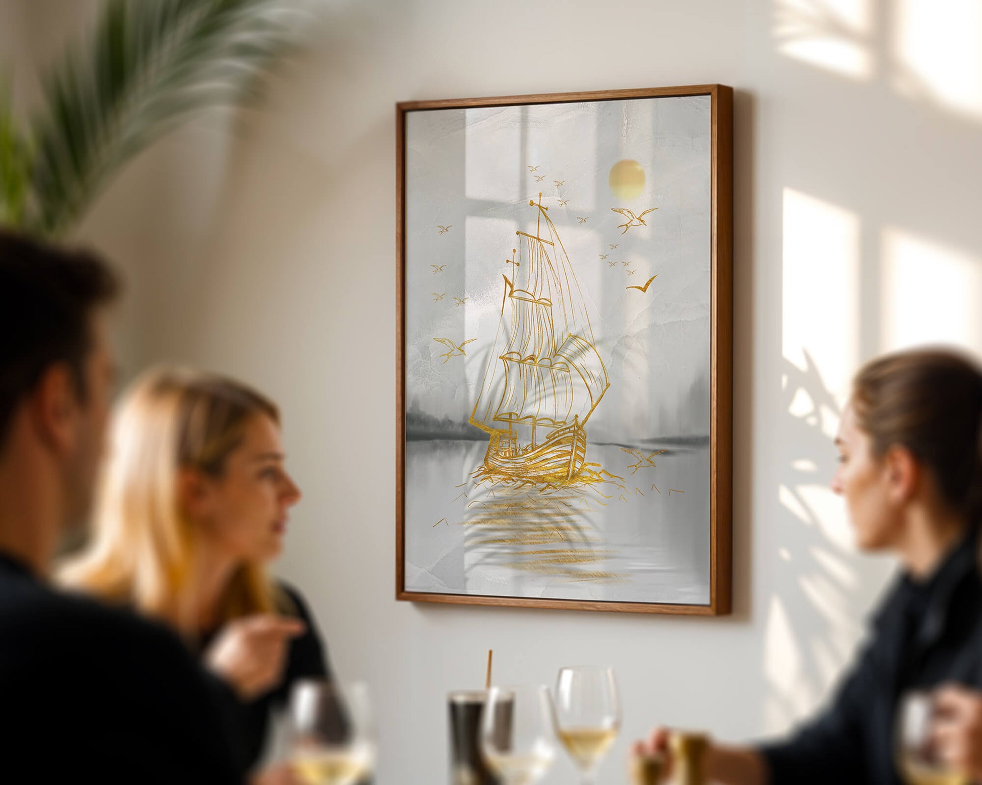 Serene nautical scene with golden sailboat at sea
