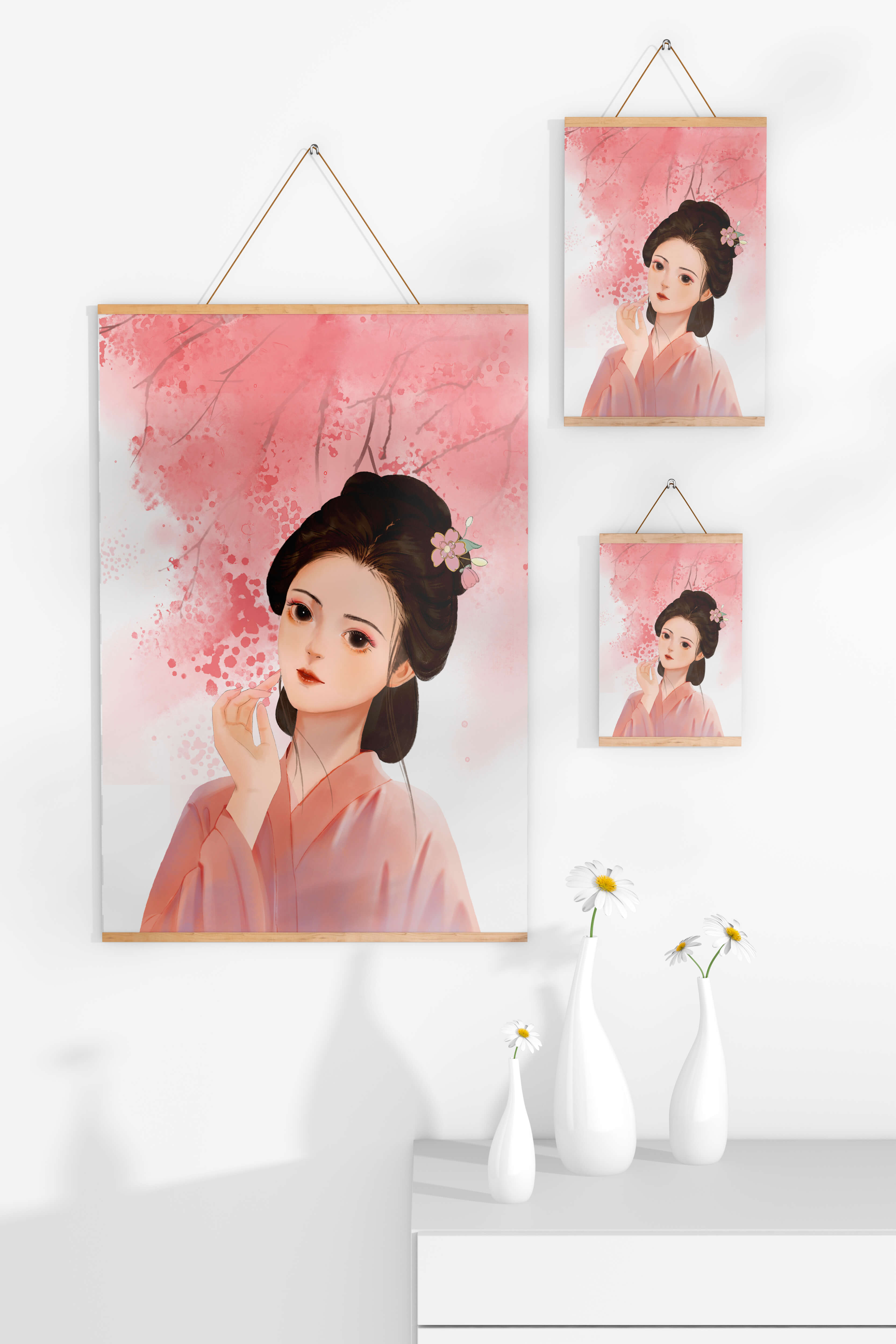 Traditional Japanese woman with pink cherry blossoms in the background