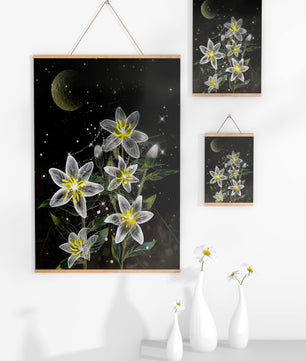Floral Night Scene with Luminous Flowers and Golden Moon