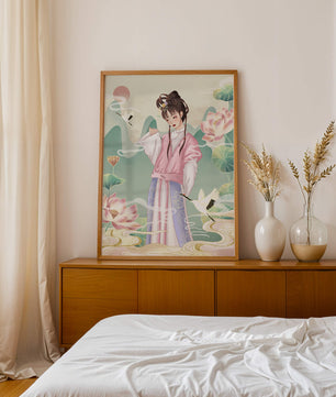 Femme élégante en tenue traditionnelle avec lotus en fleurs et grues