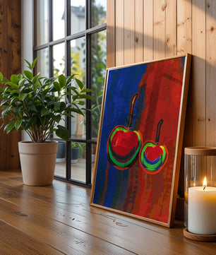Pintura abstracta de cerezas con colores vibrantes