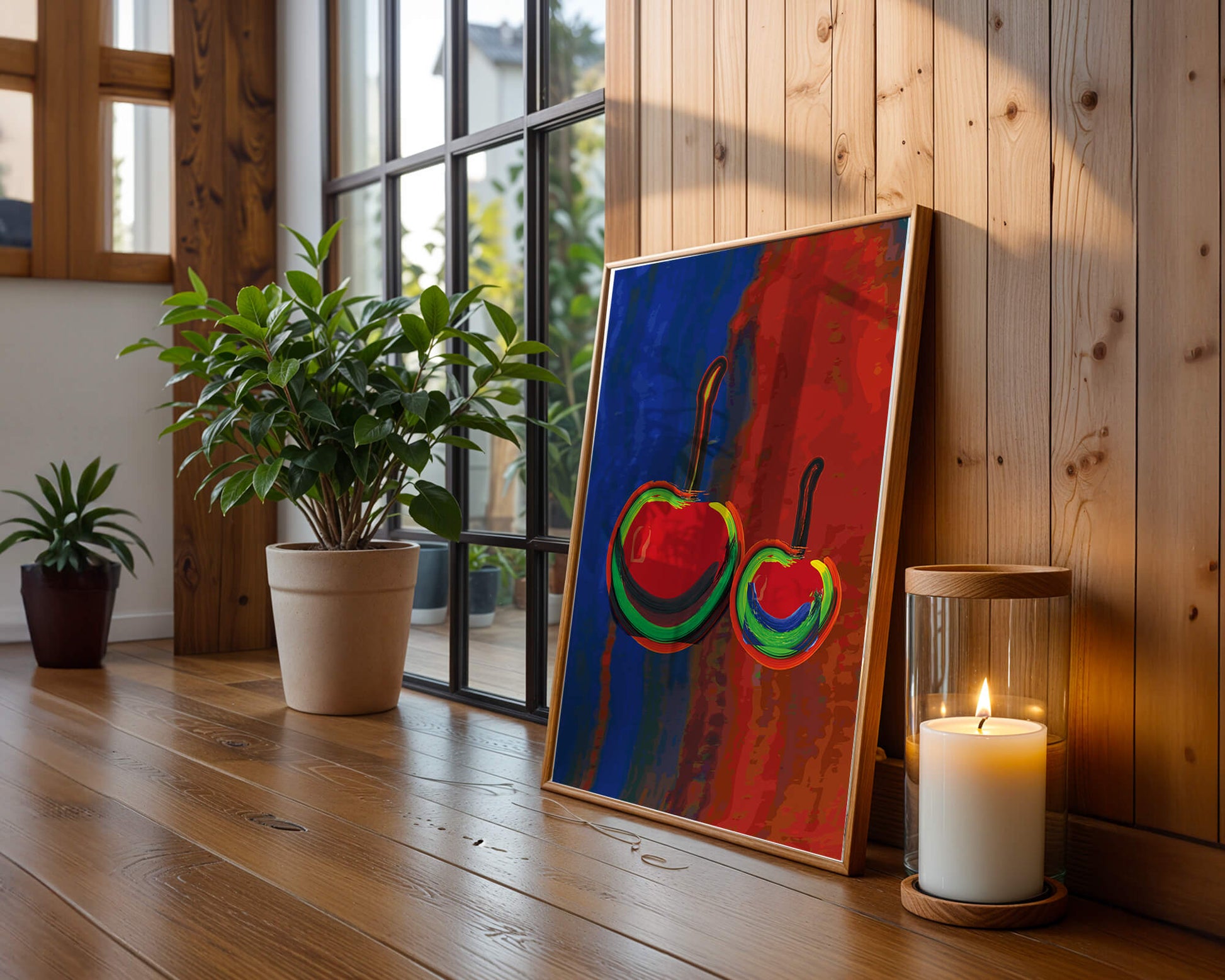 Pintura abstracta de cerezas con colores vibrantes.