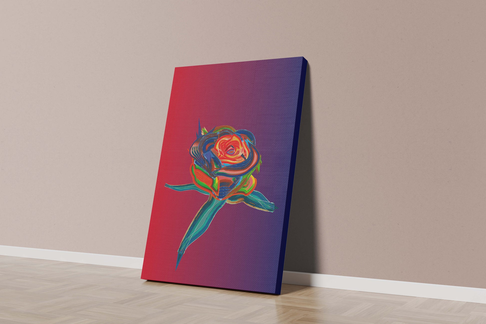 Rosa abstracta vibrante con colores dinámicos sobre fondo degradado