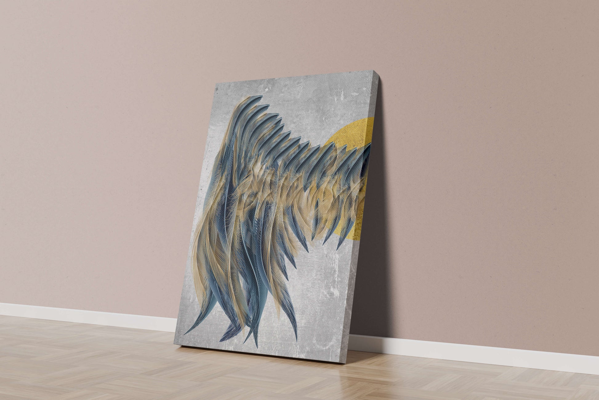 Arte abstracto de plumas con detalles dorados sobre fondo texturizado