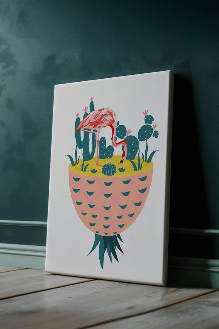 Ilustración de flamenco con cactus en jarrón de piña