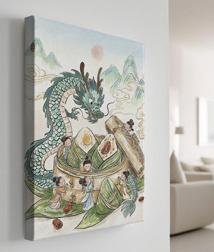 Dragon and Steamed Dumplings with Children in a Mountainous Landscape