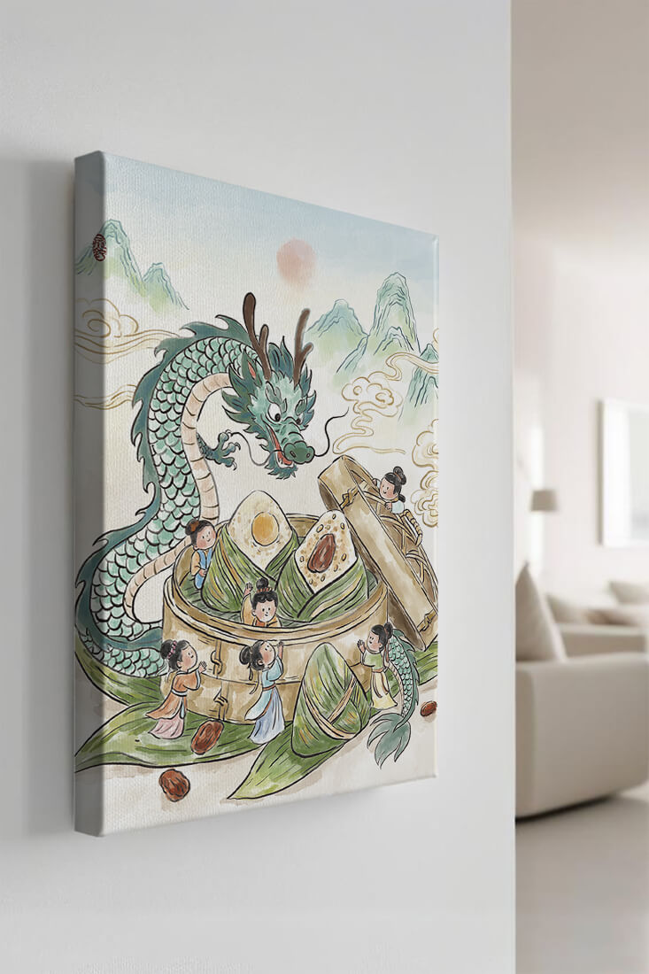 Dragón y dumplings al vapor con niños en un paisaje montañoso