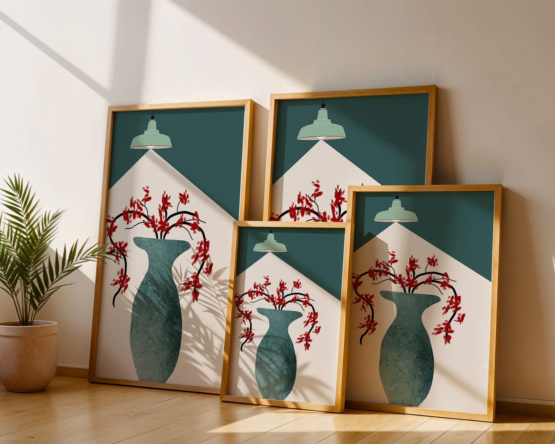 Modern Minimalist Vase with Red Flowers Under Green Lamp