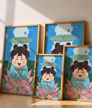 Whimsical illustration of a joyful child with lotus and umbrella