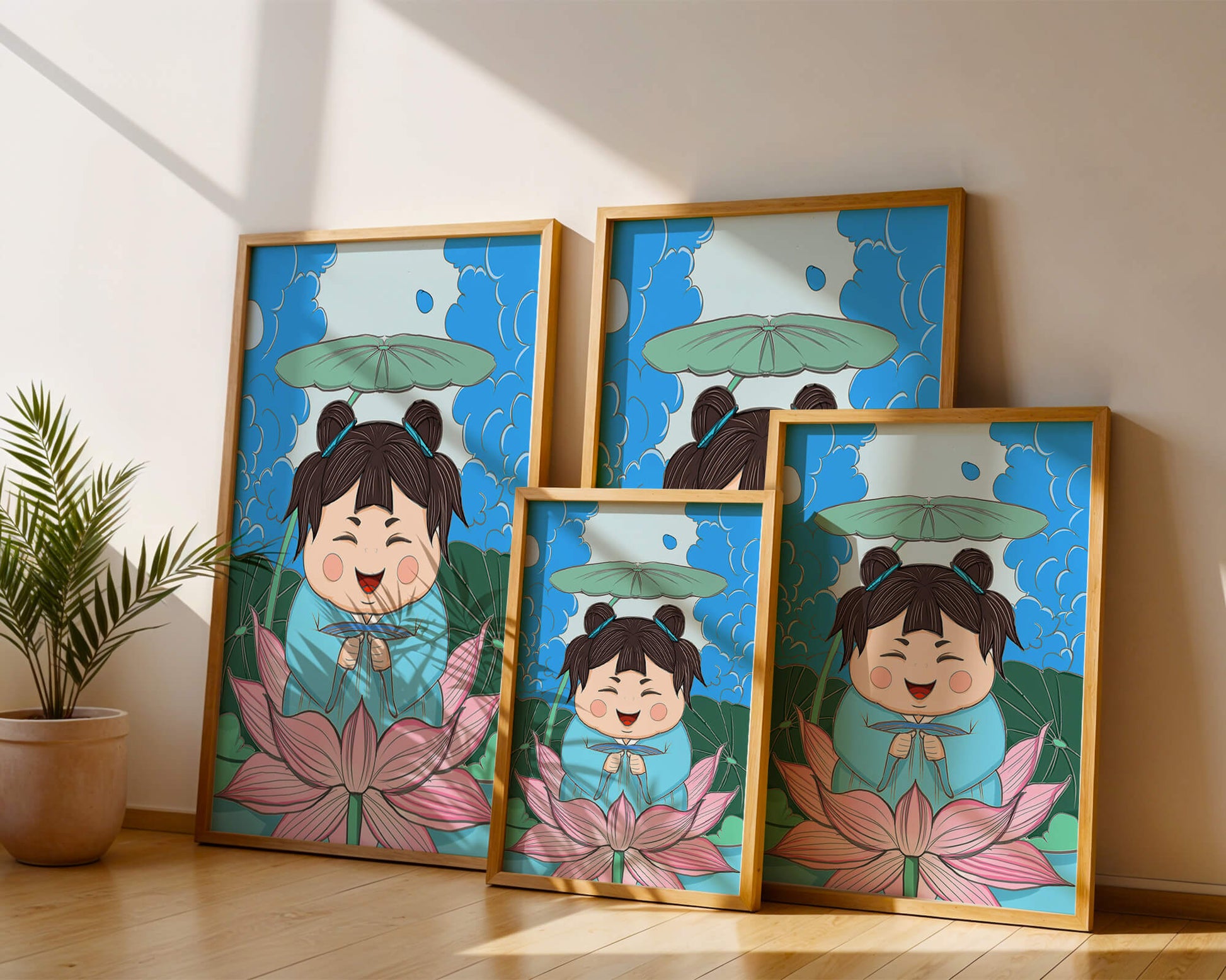 Whimsical illustration of a joyful child with lotus and umbrella
