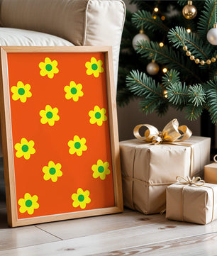Buntes Blumenmuster mit gelben Blumen auf orangefarbenem Hintergrund