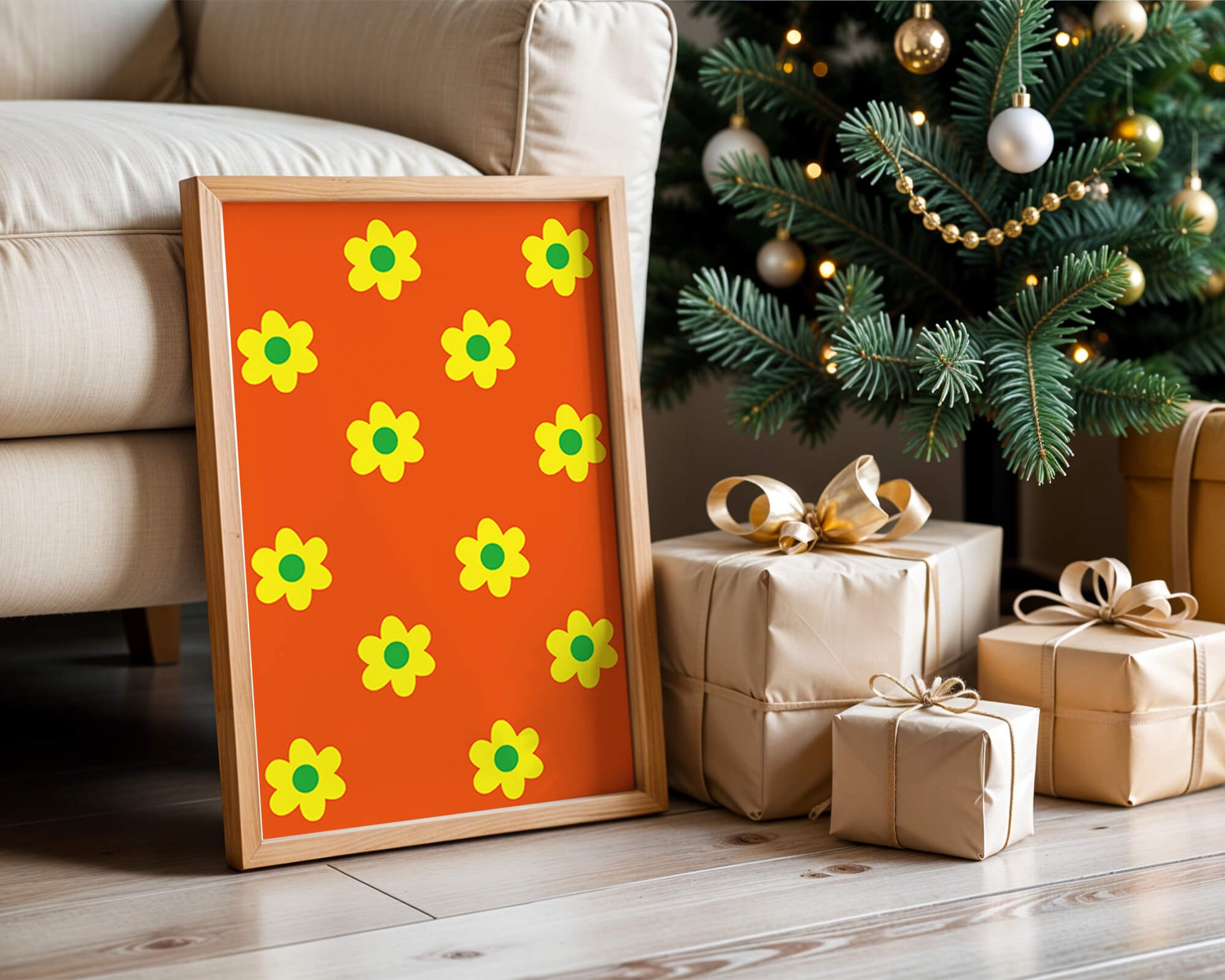 Colorful floral pattern with yellow flowers on orange background