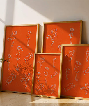 Geometrische Tiermuster auf leuchtend orangefarbenem Hintergrund