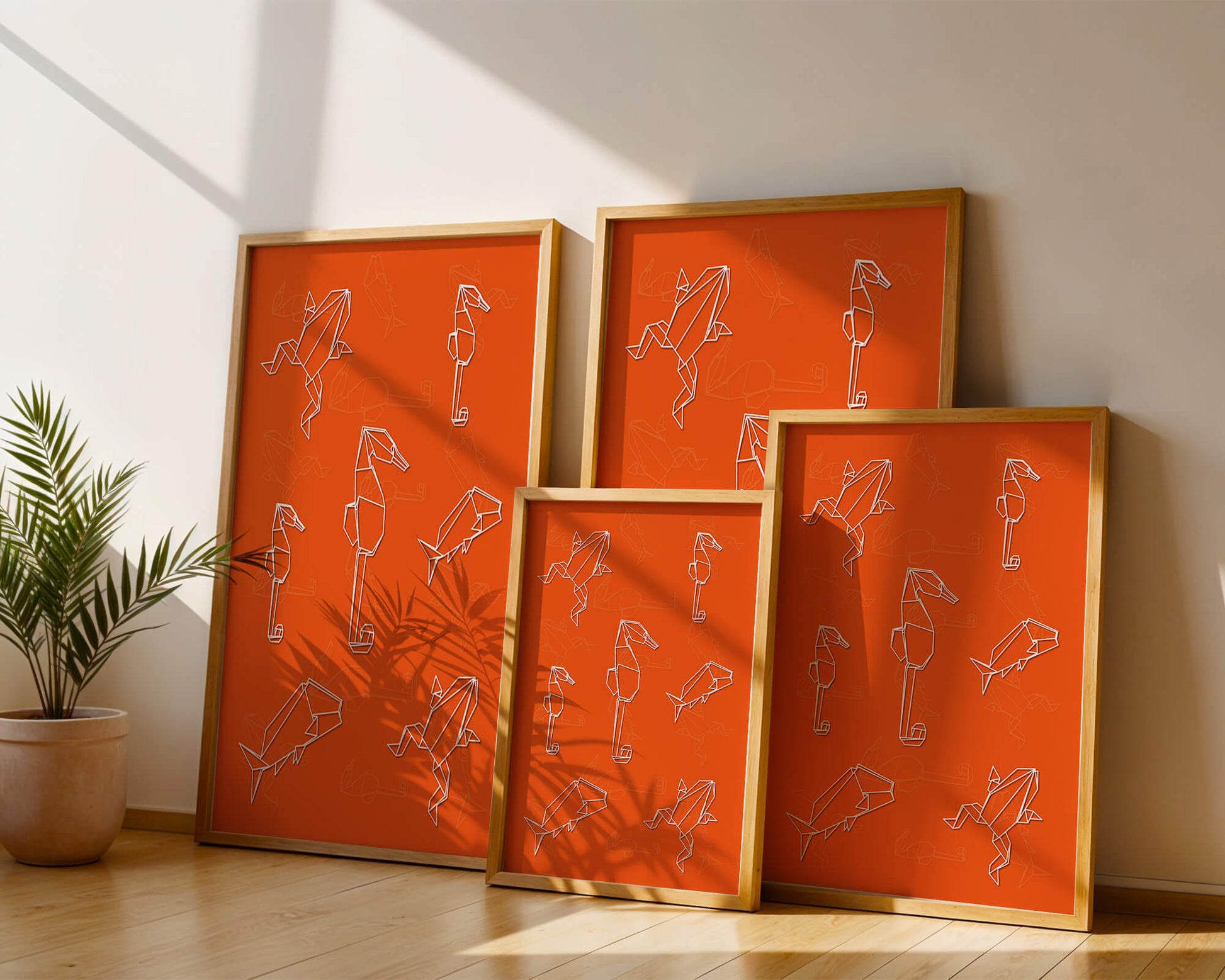 Geometric animal patterns on vibrant orange background