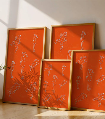 Geometric animal patterns on vibrant orange background