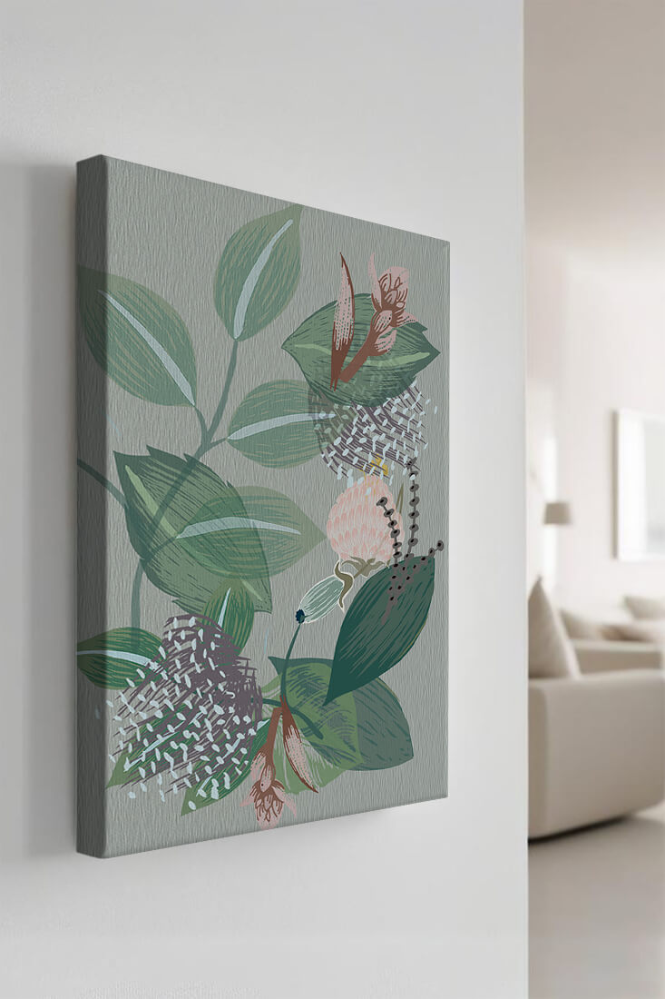 Floral botanical pattern with green leaves and delicate flowers