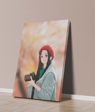 Chica de anime con boina roja sosteniendo una cámara durante el otoño