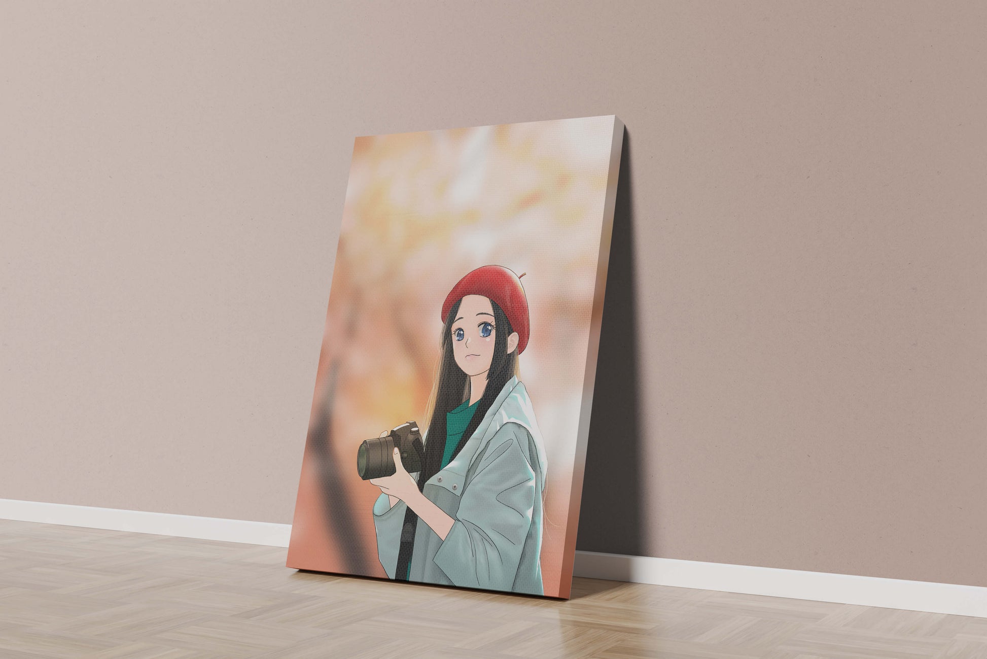 Anime girl in red beret holding camera during autumn